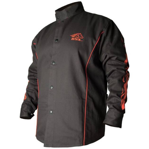 BSX® Contoured FR Cotton Welding Jacket, Black with Red Flames